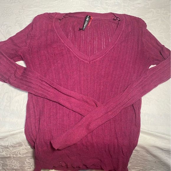 100% Cotton Love by Design Open Knit Sweater V Neck Stretch Longsleeve Fuschia M - Picture 8 of 9